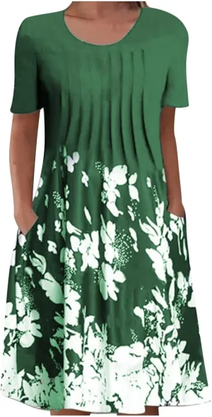 2023 Summer Dress for Women,Short Sleeve Casual Maxi Dress Boho Floral Beach Sun Dress Tshirt Dress with Pockets