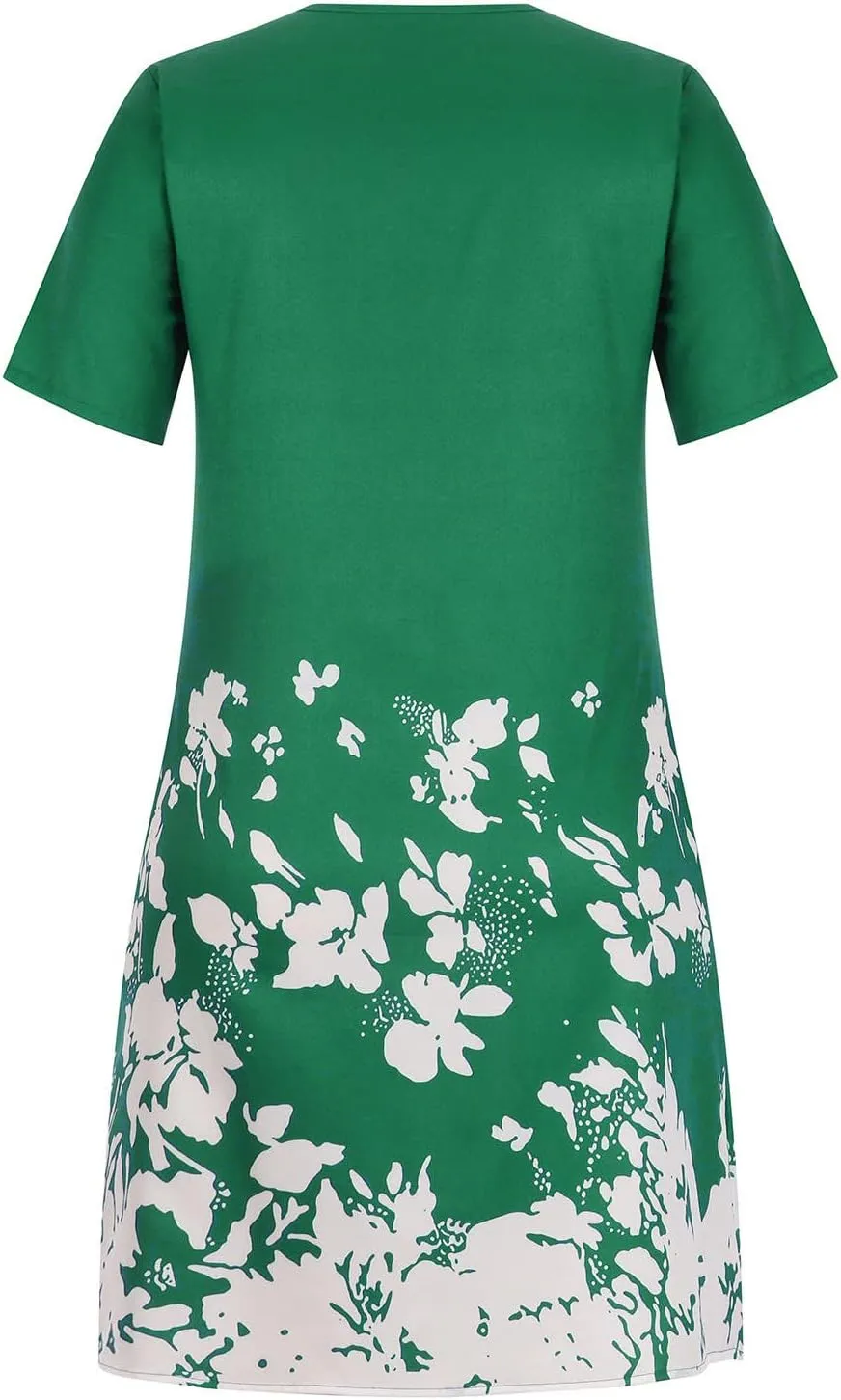 2023 Summer Dress for Women,Short Sleeve Casual Maxi Dress Boho Floral Beach Sun Dress Tshirt Dress with Pockets