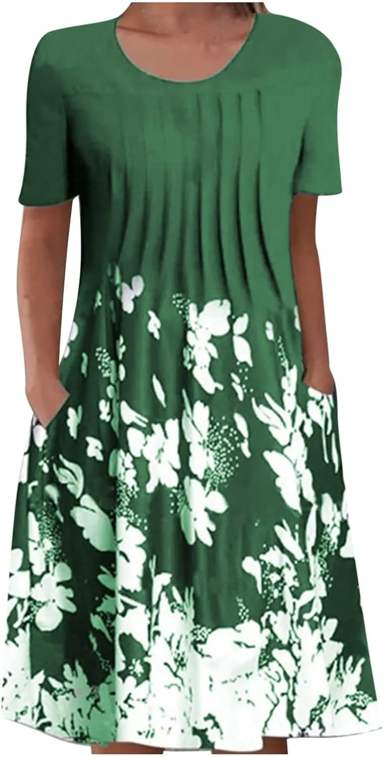 2023 Summer Dress for Women,Short Sleeve Casual Maxi Dress Boho Floral Beach Sun Dress Tshirt Dress with Pockets