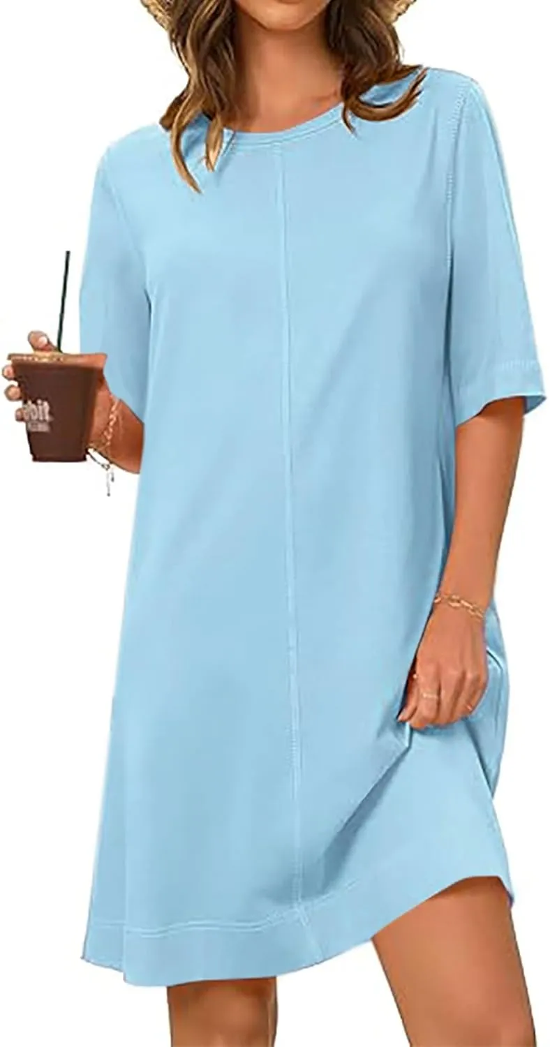 2025 Women's Casual Sundress Spring and Summer Loose T Shirt Dress Solid Half Sleeve Knee Length Shift Dresses