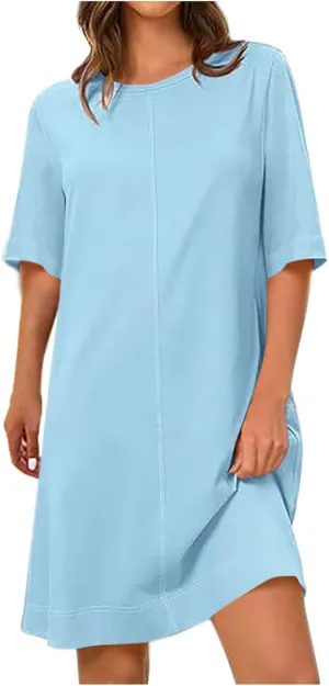 2025 Women's Casual Sundress Spring and Summer Loose T Shirt Dress Solid Half Sleeve Knee Length Shift Dresses