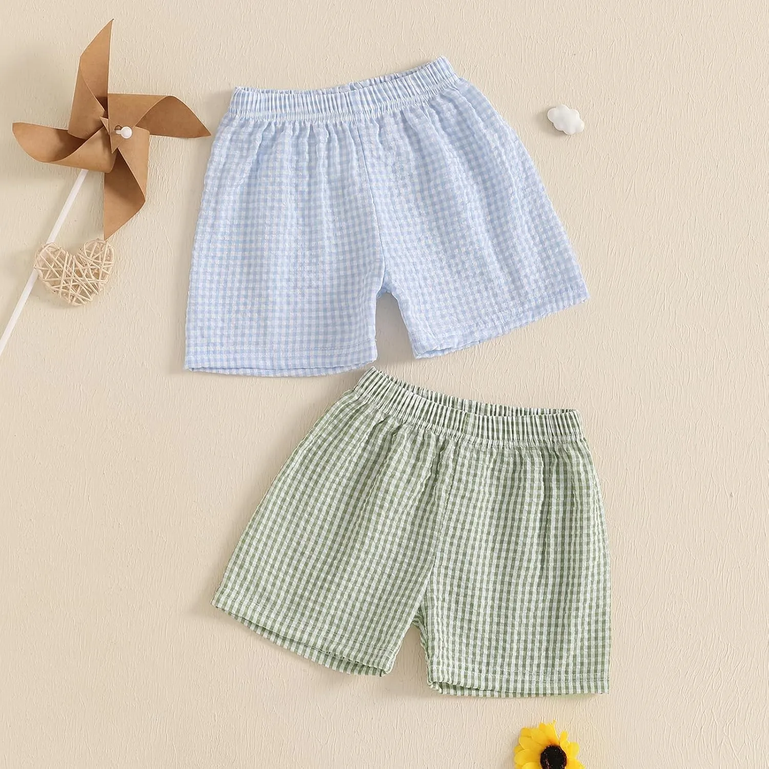 2PCS Toddler Baby Girl Boy Gingham Seersucker Shorts Elastic Waist Plaid Shorts Casual Short Pants Summer Bottoms