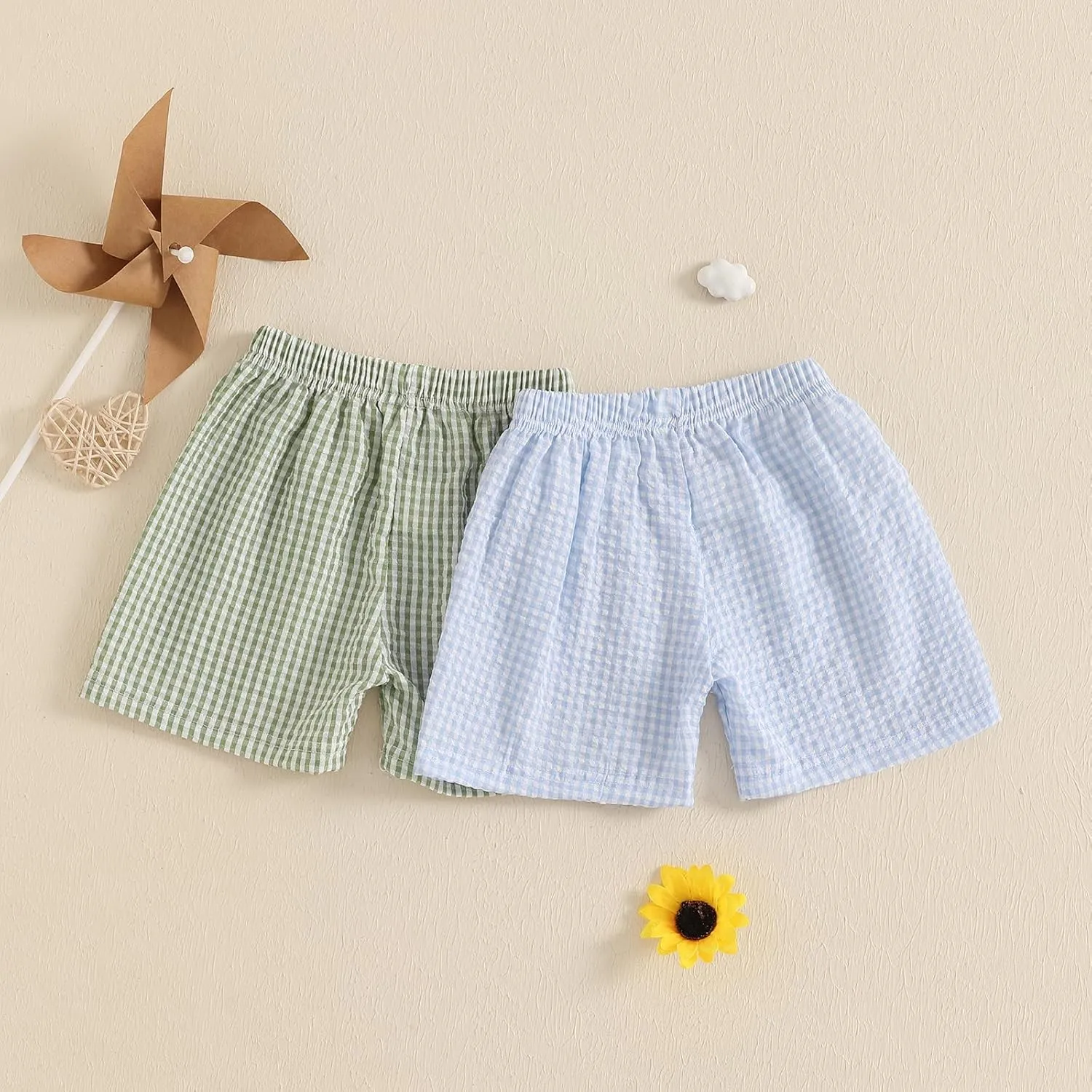 2PCS Toddler Baby Girl Boy Gingham Seersucker Shorts Elastic Waist Plaid Shorts Casual Short Pants Summer Bottoms