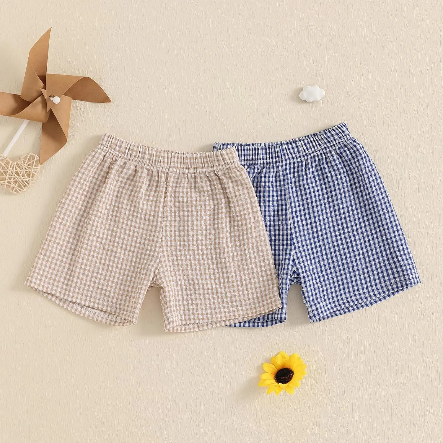 2PCS Toddler Baby Girl Boy Gingham Seersucker Shorts Elastic Waist Plaid Shorts Casual Short Pants Summer Bottoms