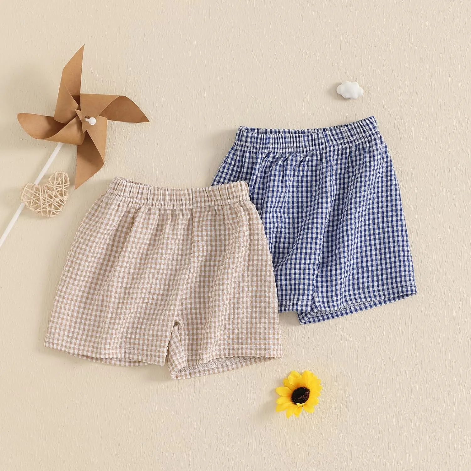 2PCS Toddler Baby Girl Boy Gingham Seersucker Shorts Elastic Waist Plaid Shorts Casual Short Pants Summer Bottoms