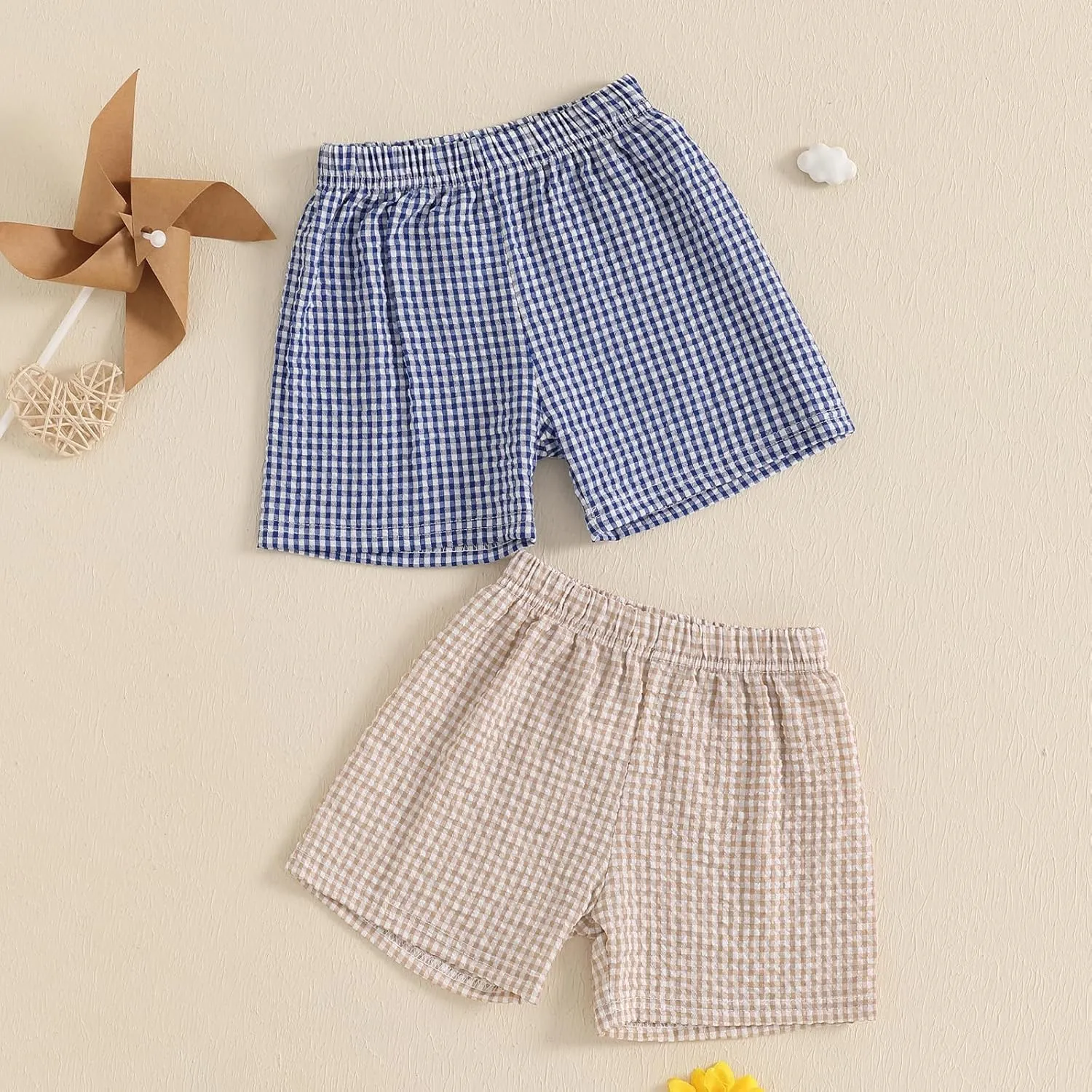 2PCS Toddler Baby Girl Boy Gingham Seersucker Shorts Elastic Waist Plaid Shorts Casual Short Pants Summer Bottoms