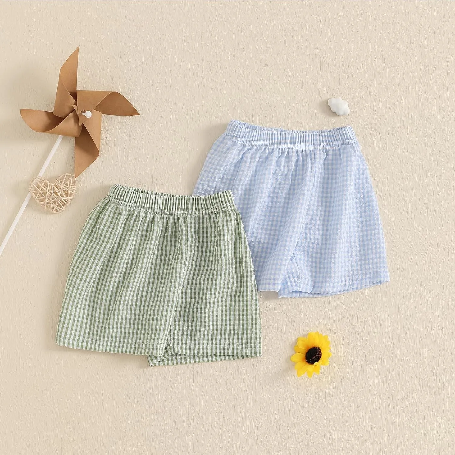 2PCS Toddler Baby Girl Boy Gingham Seersucker Shorts Elastic Waist Plaid Shorts Casual Short Pants Summer Bottoms