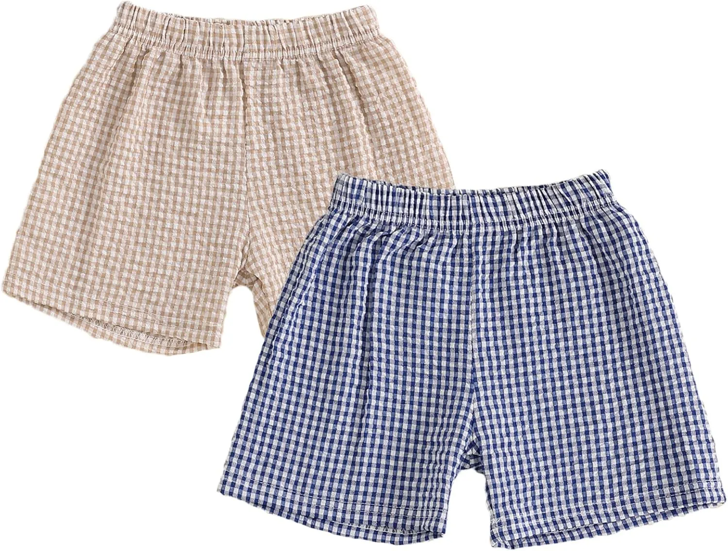 2PCS Toddler Baby Girl Boy Gingham Seersucker Shorts Elastic Waist Plaid Shorts Casual Short Pants Summer Bottoms