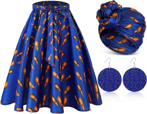 3 Pcs Women Traditional African Dashiki Skirt Costume Bohemian Head Wrap Scarf Drop Dangle Earring