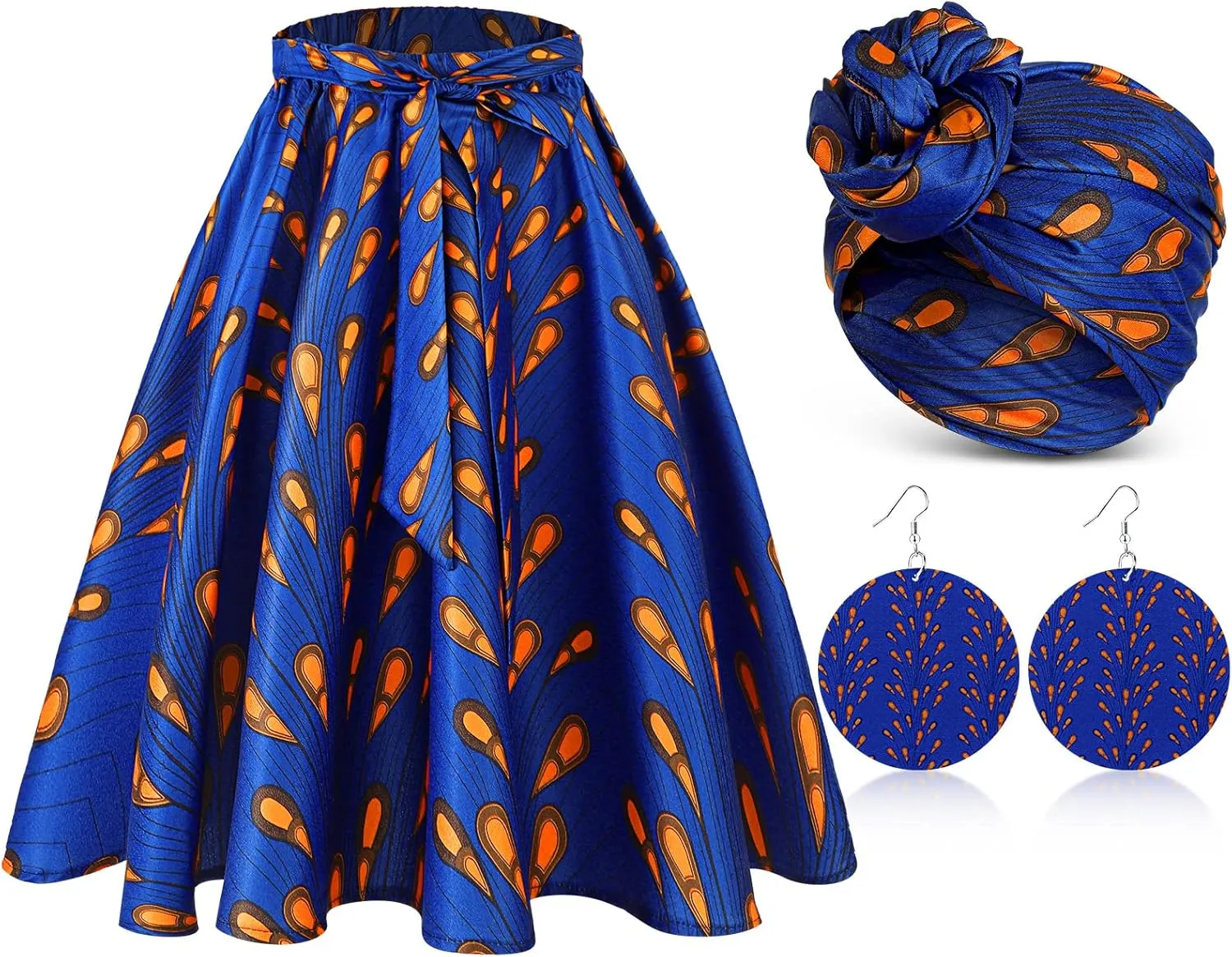 3 Pcs Women Traditional African Dashiki Skirt Costume Bohemian Head Wrap Scarf Drop Dangle Earring