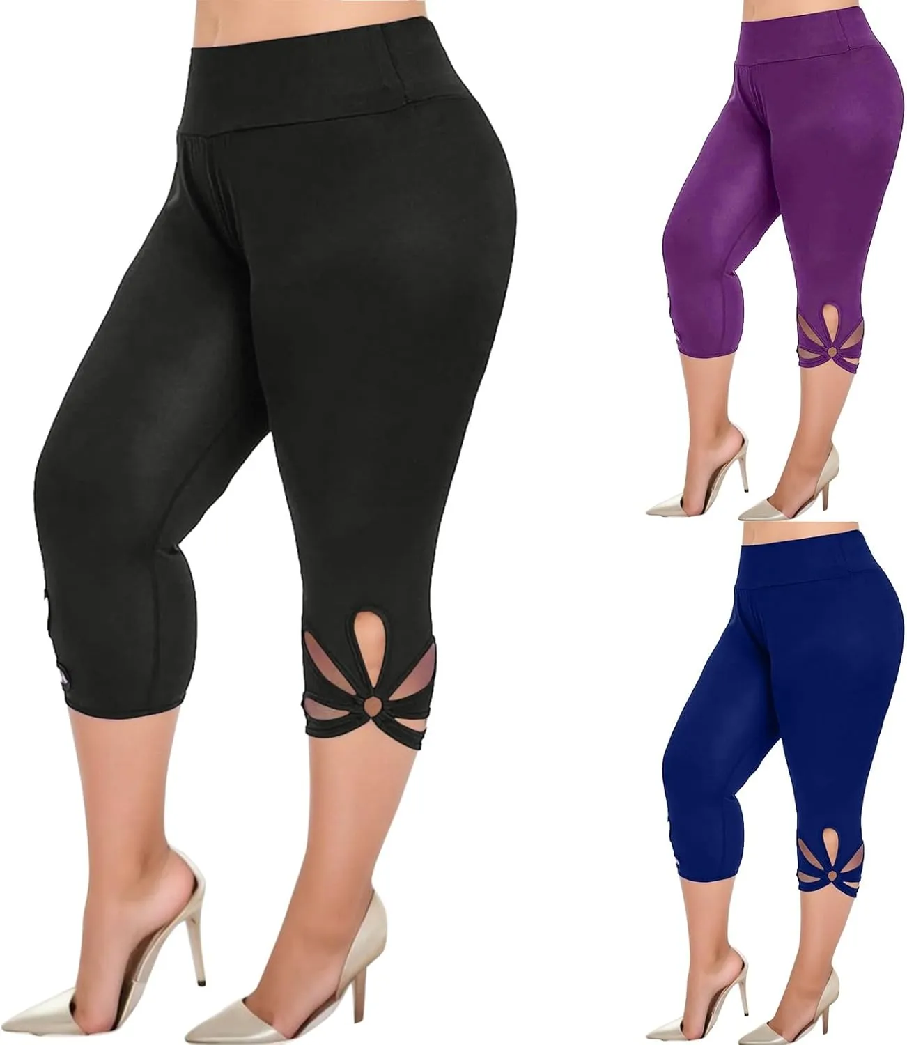 7/8 Leggings with Pockets for Women Plus Size High Waisted Capri Cropped Leggings Stretch Lace Trim Soft Tights Yoga Pants