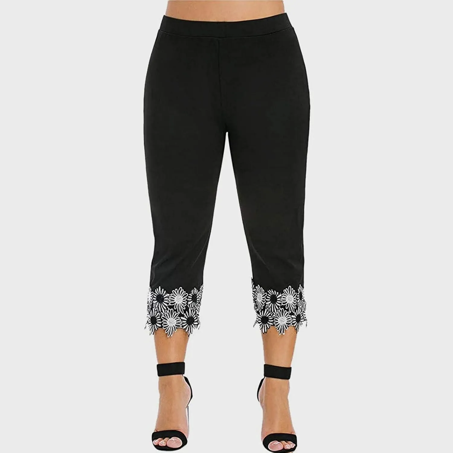 7/8 Leggings with Pockets for Women Plus Size High Waisted Capri Cropped Leggings Stretch Lace Trim Soft Tights Yoga Pants