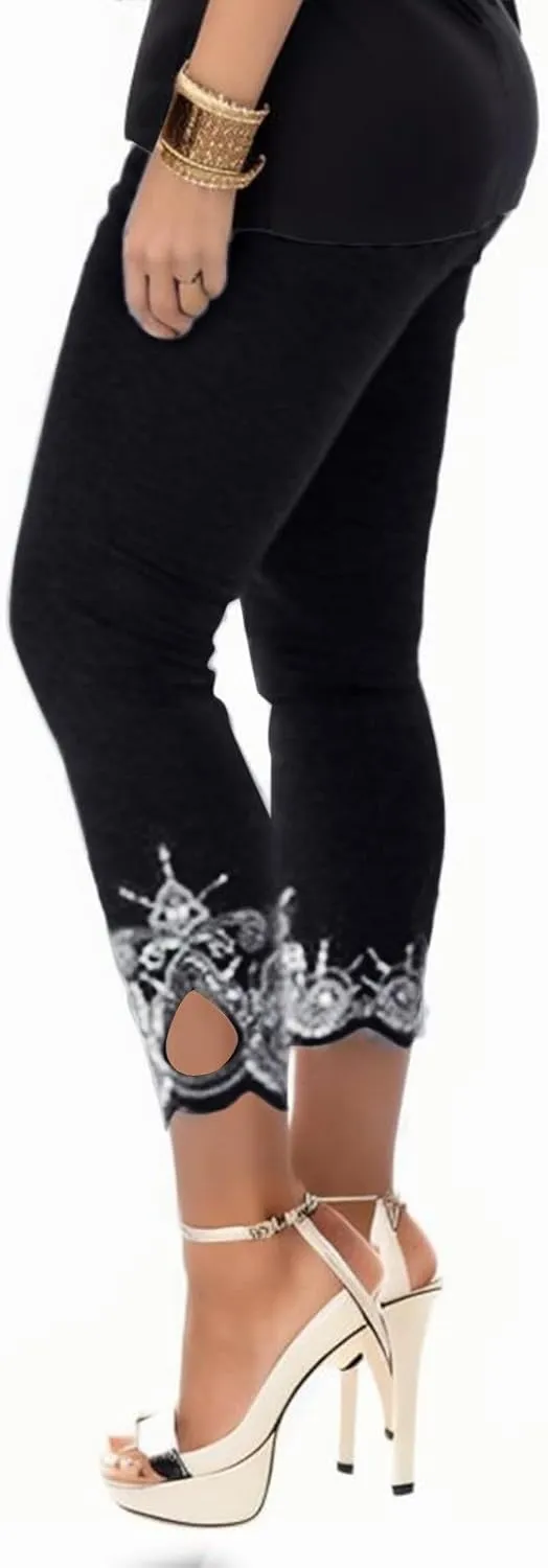 7/8 Leggings with Pockets for Women Plus Size High Waisted Capri Cropped Leggings Stretch Lace Trim Soft Tights Yoga Pants