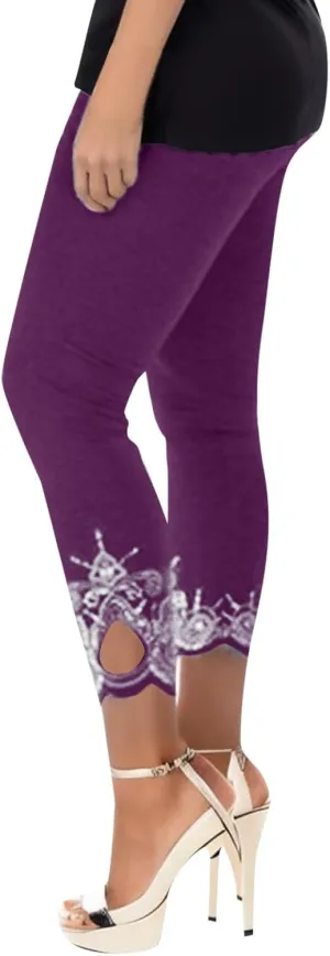 7/8 Leggings with Pockets for Women Plus Size High Waisted Capri Cropped Leggings Stretch Lace Trim Soft Tights Yoga Pants