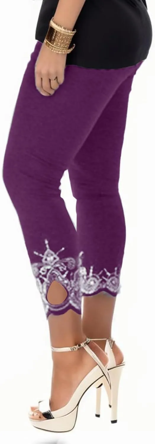 7/8 Leggings with Pockets for Women Plus Size High Waisted Capri Cropped Leggings Stretch Lace Trim Soft Tights Yoga Pants
