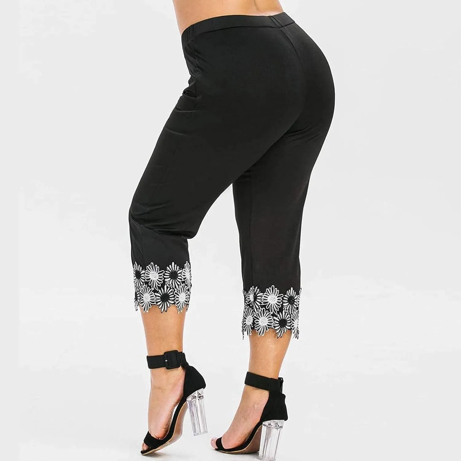 7/8 Leggings with Pockets for Women Plus Size High Waisted Capri Cropped Leggings Stretch Lace Trim Soft Tights Yoga Pants