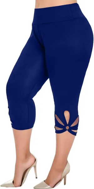 7/8 Leggings with Pockets for Women Plus Size High Waisted Capri Cropped Leggings Stretch Lace Trim Soft Tights Yoga Pants