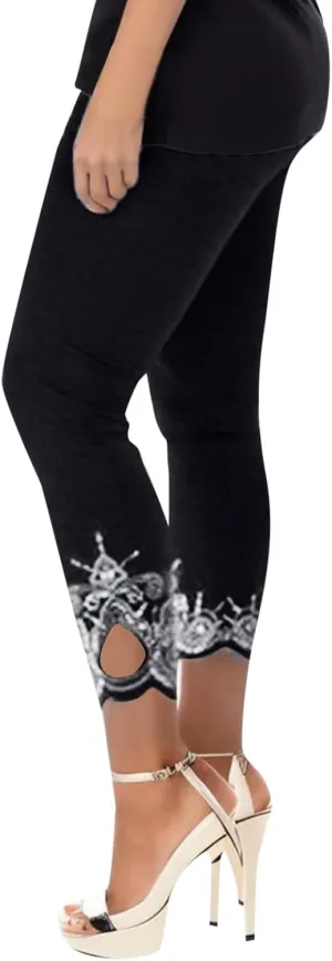 7/8 Leggings with Pockets for Women Plus Size High Waisted Capri Cropped Leggings Stretch Lace Trim Soft Tights Yoga Pants