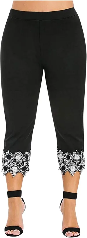 7/8 Leggings with Pockets for Women Plus Size High Waisted Capri Cropped Leggings Stretch Lace Trim Soft Tights Yoga Pants