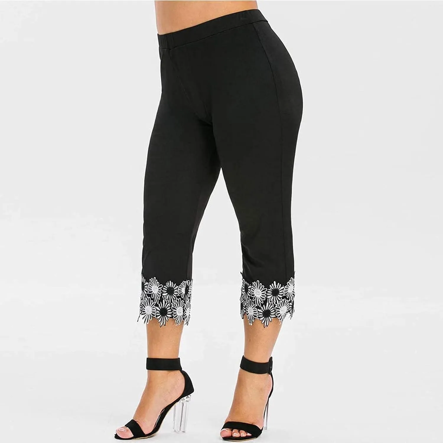 7/8 Leggings with Pockets for Women Plus Size High Waisted Capri Cropped Leggings Stretch Lace Trim Soft Tights Yoga Pants