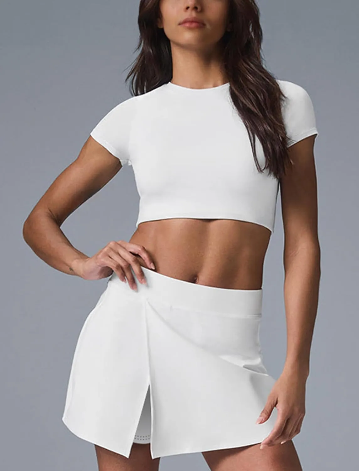 ABOCIW Womens 2 Piece Tennis Skirt Set Cutout Back Short Sleeve Workout Crop Top Side Slit Athletic Skirt Golf Outfit