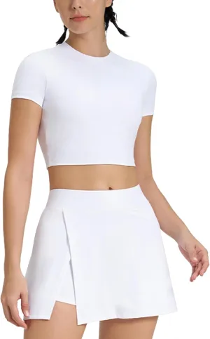 ABOCIW Womens 2 Piece Tennis Skirt Set Cutout Back Short Sleeve Workout Crop Top Side Slit Athletic Skirt Golf Outfit