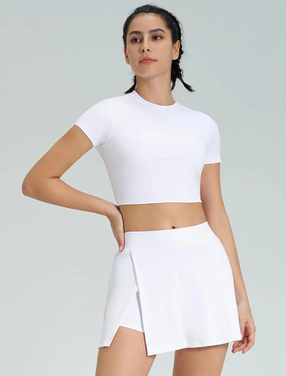 ABOCIW Womens 2 Piece Tennis Skirt Set Cutout Back Short Sleeve Workout Crop Top Side Slit Athletic Skirt Golf Outfit