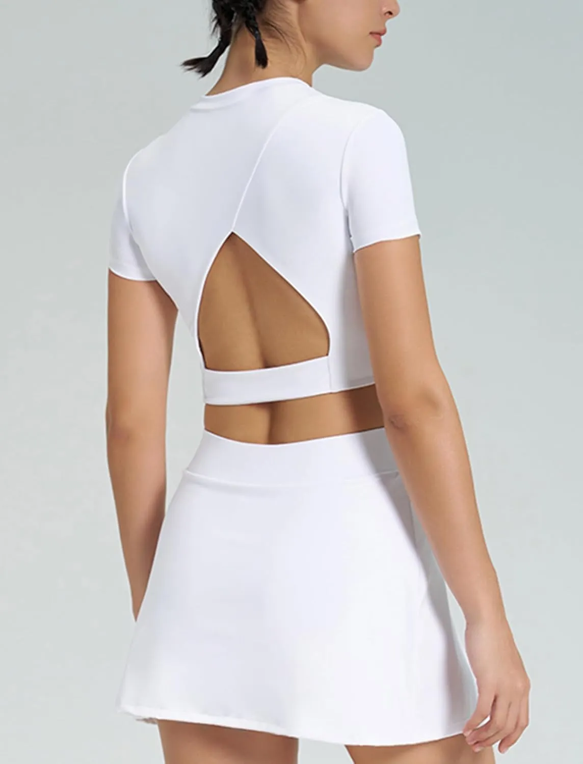 ABOCIW Womens 2 Piece Tennis Skirt Set Cutout Back Short Sleeve Workout Crop Top Side Slit Athletic Skirt Golf Outfit