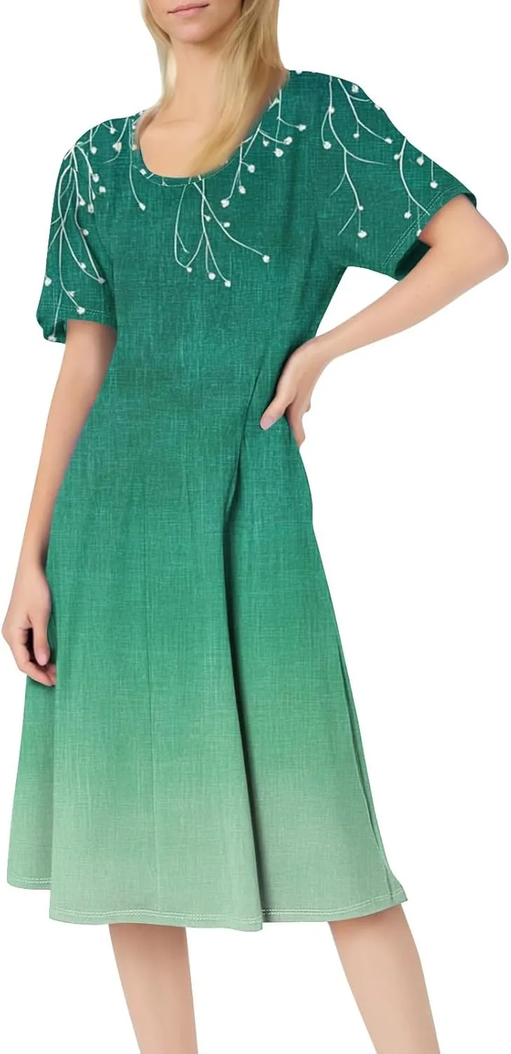 ADHOWBEW Plus Size Dresses for Women O Neck Trendy Cute Casual Loose Fit Hawaiian Short Sleeve Beach Dresses