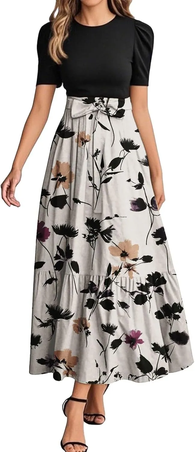 ADHOWBEW Summer Dresses for Women 2025 Short Sleeve Floral Print Round Neck High Waist Dresses