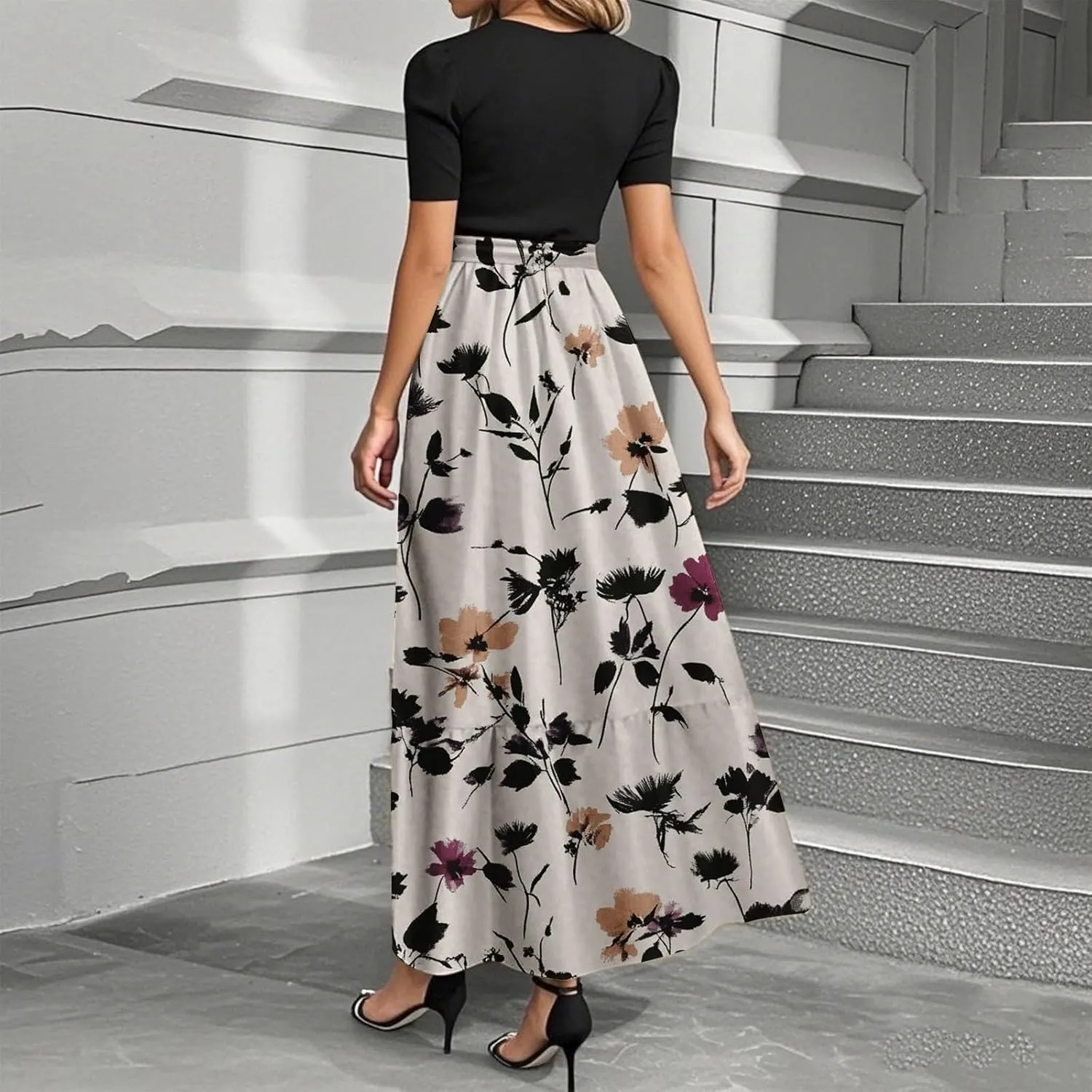 ADHOWBEW Summer Dresses for Women 2025 Short Sleeve Floral Print Round Neck High Waist Dresses