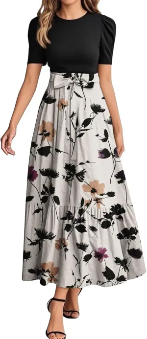 ADHOWBEW Summer Dresses for Women 2025 Short Sleeve Floral Print Round Neck High Waist Dresses