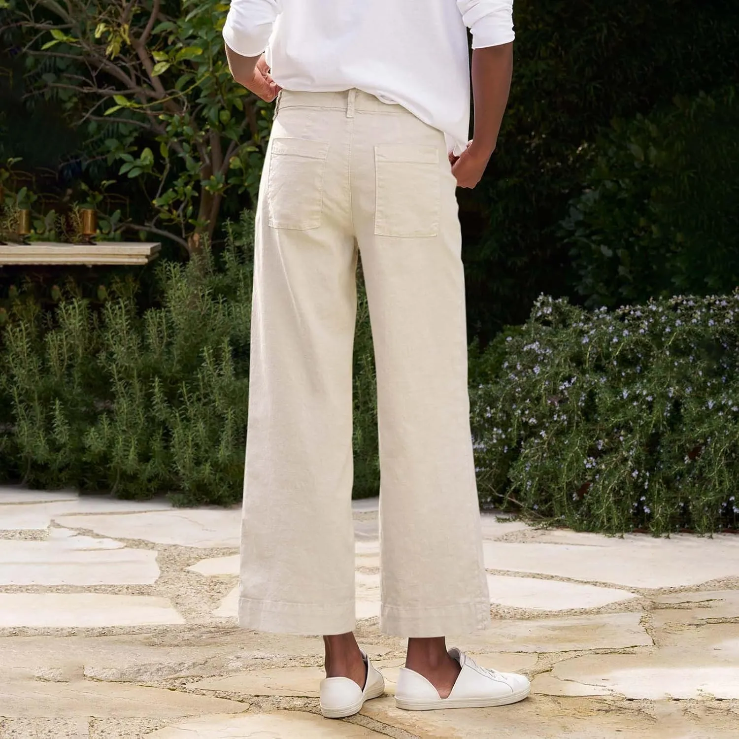 ADHOWBEW Wide Leg Linen Pants for Women 2025 Summer Lightweight Chino Work Dressy Cropped Petite High Waisted Flwoy Trousers