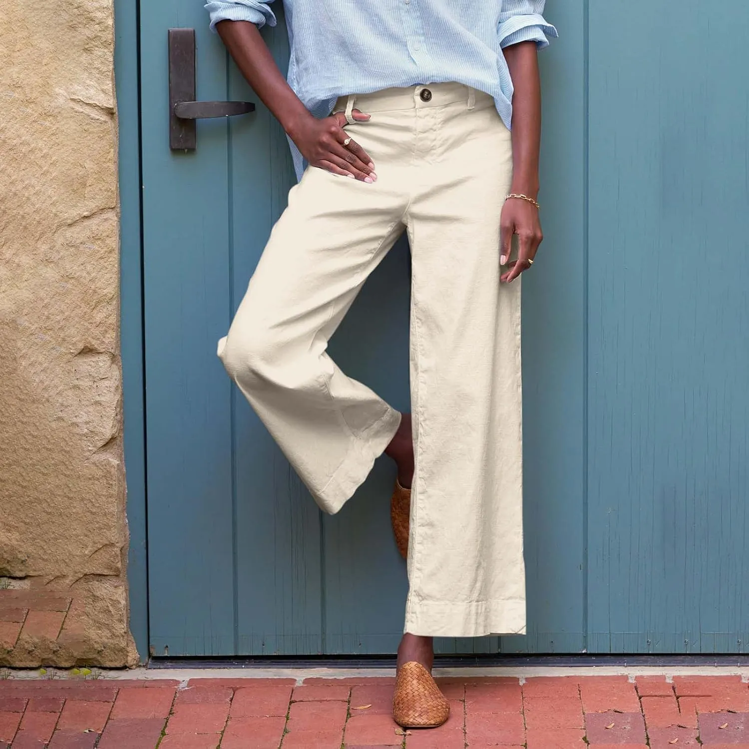ADHOWBEW Wide Leg Linen Pants for Women 2025 Summer Lightweight Chino Work Dressy Cropped Petite High Waisted Flwoy Trousers