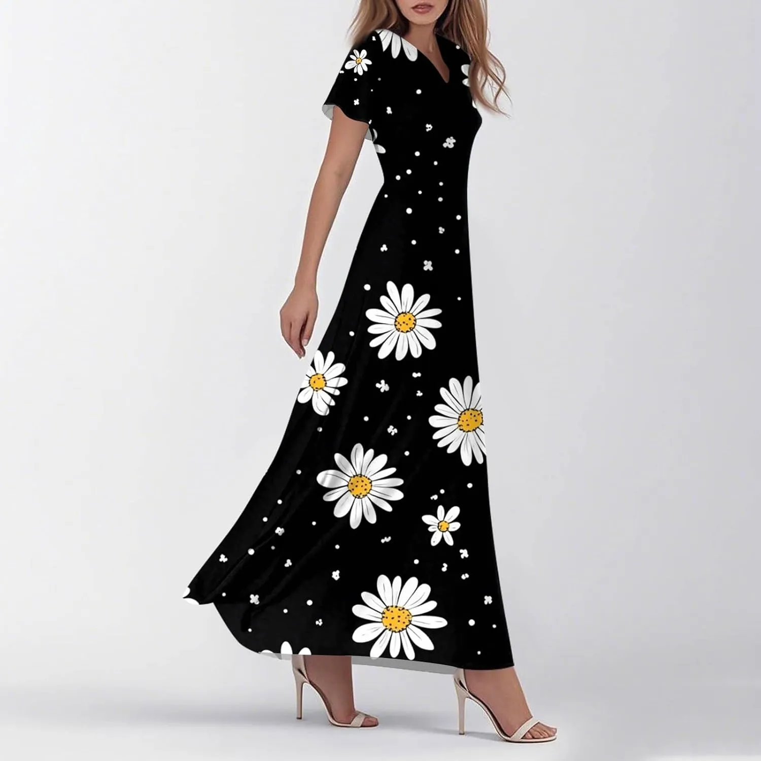 Aline Dresses for Women 2025 Spring Sundress V Neck Short Sleeve Floral Wrap Ruffle Boho Maxi Wedding Guest Dress, Xs-2Xl