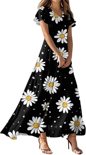 Aline Dresses for Women 2025 Spring Sundress V Neck Short Sleeve Floral Wrap Ruffle Boho Maxi Wedding Guest Dress, Xs-2Xl