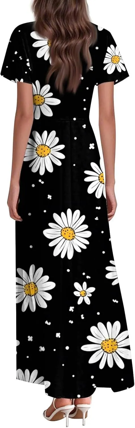 Aline Dresses for Women 2025 Spring Sundress V Neck Short Sleeve Floral Wrap Ruffle Boho Maxi Wedding Guest Dress, Xs-2Xl