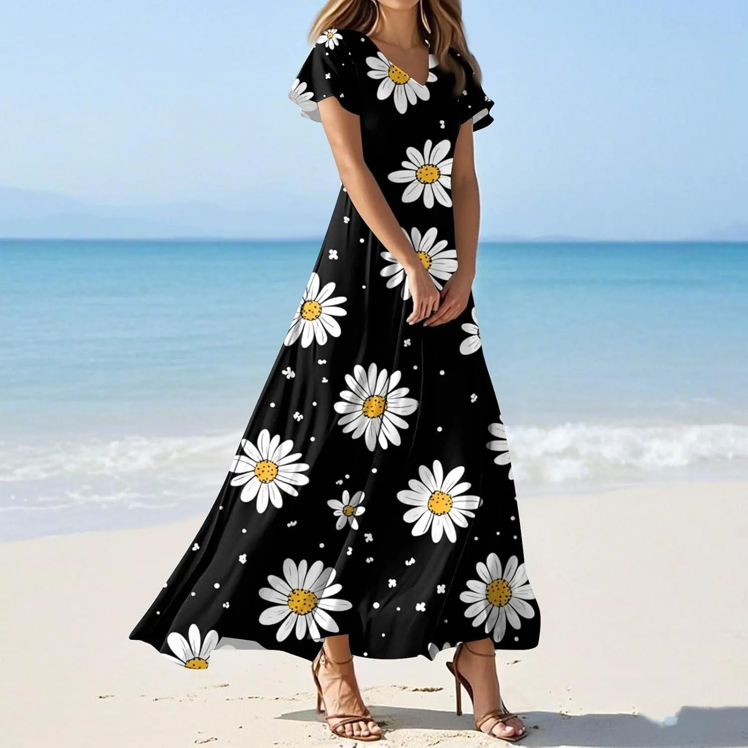 Aline Dresses for Women 2025 Spring Sundress V Neck Short Sleeve Floral Wrap Ruffle Boho Maxi Wedding Guest Dress, Xs-2Xl