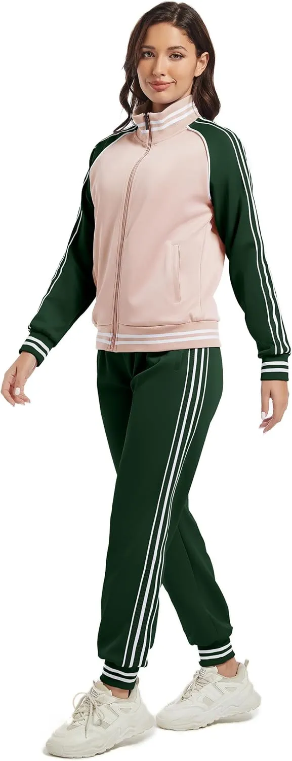 ANOTWENER Women's Jogging Suits Tracksuit Set Workout Long Sleeve Outfits Gym Stripe 2 Piece Set Sweatsuits with Pockets
