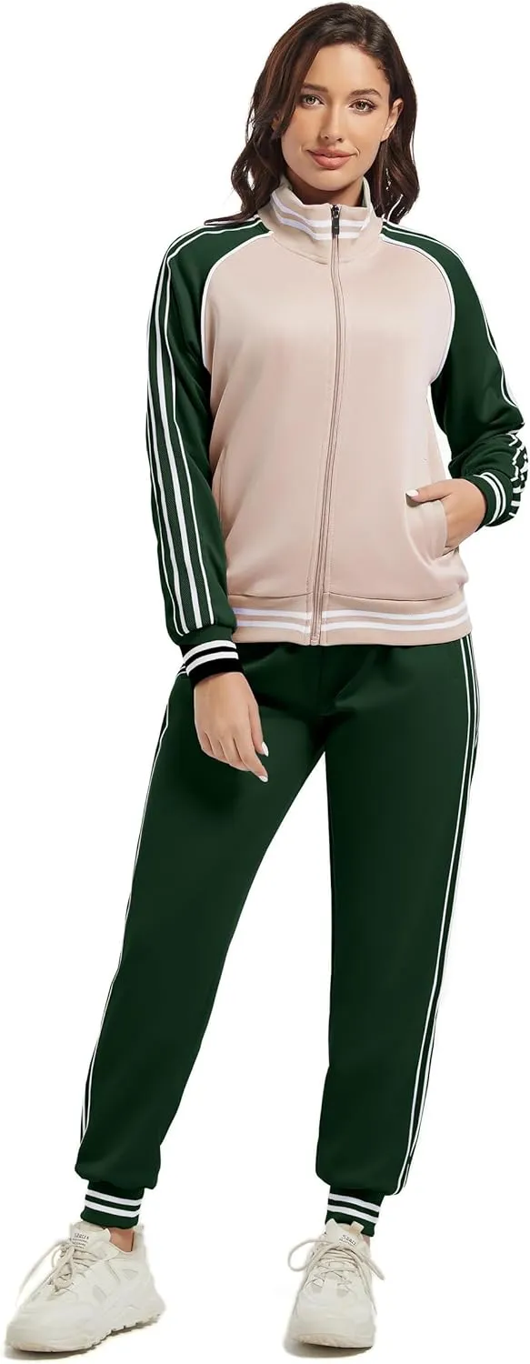 ANOTWENER Women's Jogging Suits Tracksuit Set Workout Long Sleeve Outfits Gym Stripe 2 Piece Set Sweatsuits with Pockets