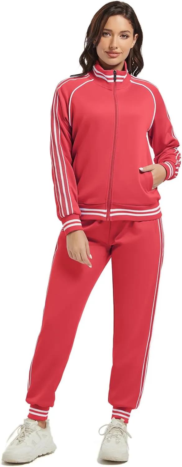 ANOTWENER Women's Jogging Suits Tracksuit Set Workout Long Sleeve Outfits Gym Stripe 2 Piece Set Sweatsuits with Pockets