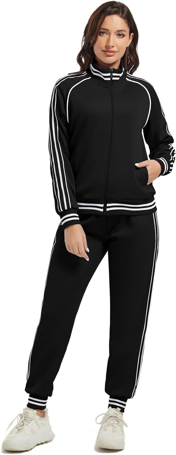 ANOTWENER Women's Jogging Suits Tracksuit Set Workout Long Sleeve Outfits Gym Stripe 2 Piece Set Sweatsuits with Pockets