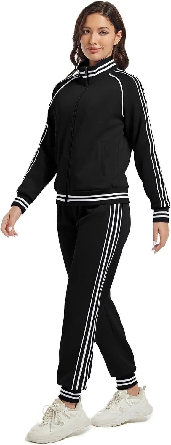 ANOTWENER Women's Jogging Suits Tracksuit Set Workout Long Sleeve Outfits Gym Stripe 2 Piece Set Sweatsuits with Pockets