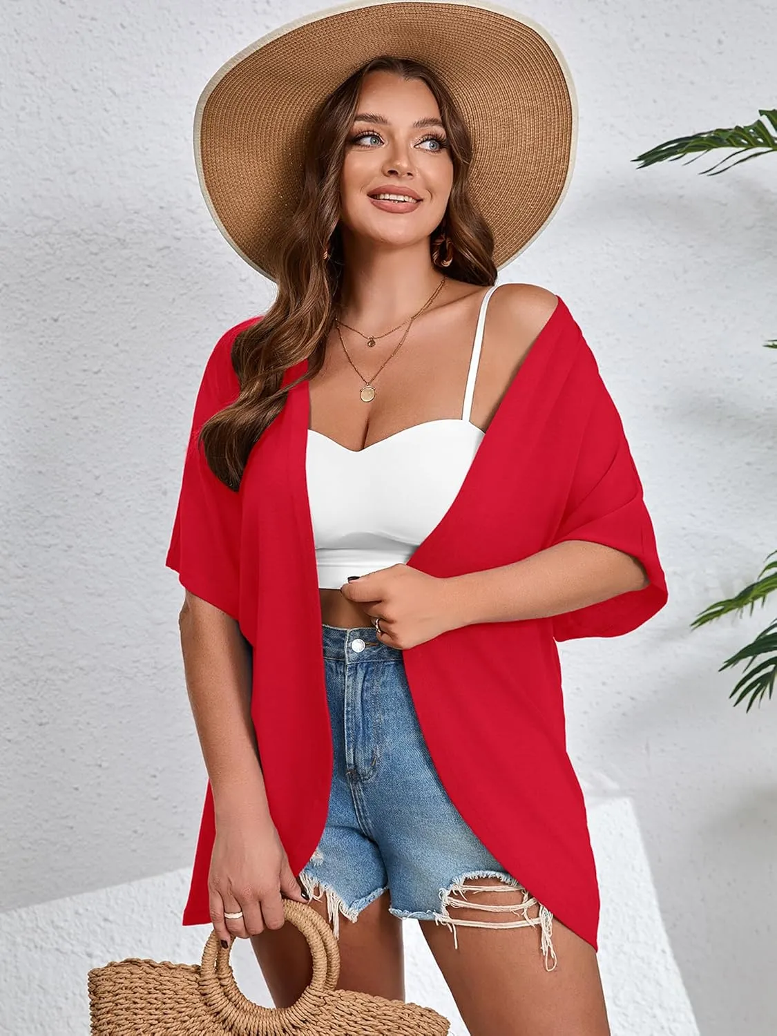 AusLook Women's Plus Size Short Sleeve Shawls and Wraps Lightweight Open Front Cardigan Cover Ups Shrugs Kimono Jacket Coat