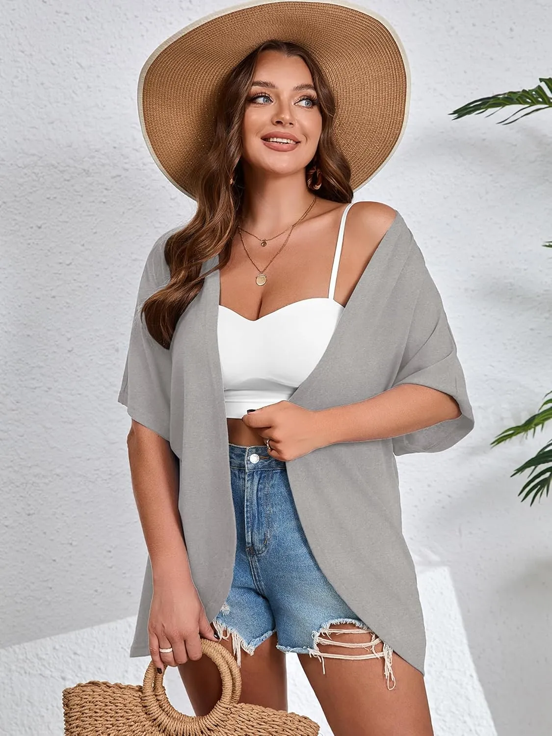 AusLook Women's Plus Size Short Sleeve Shawls and Wraps Lightweight Open Front Cardigan Cover Ups Shrugs Kimono Jacket Coat