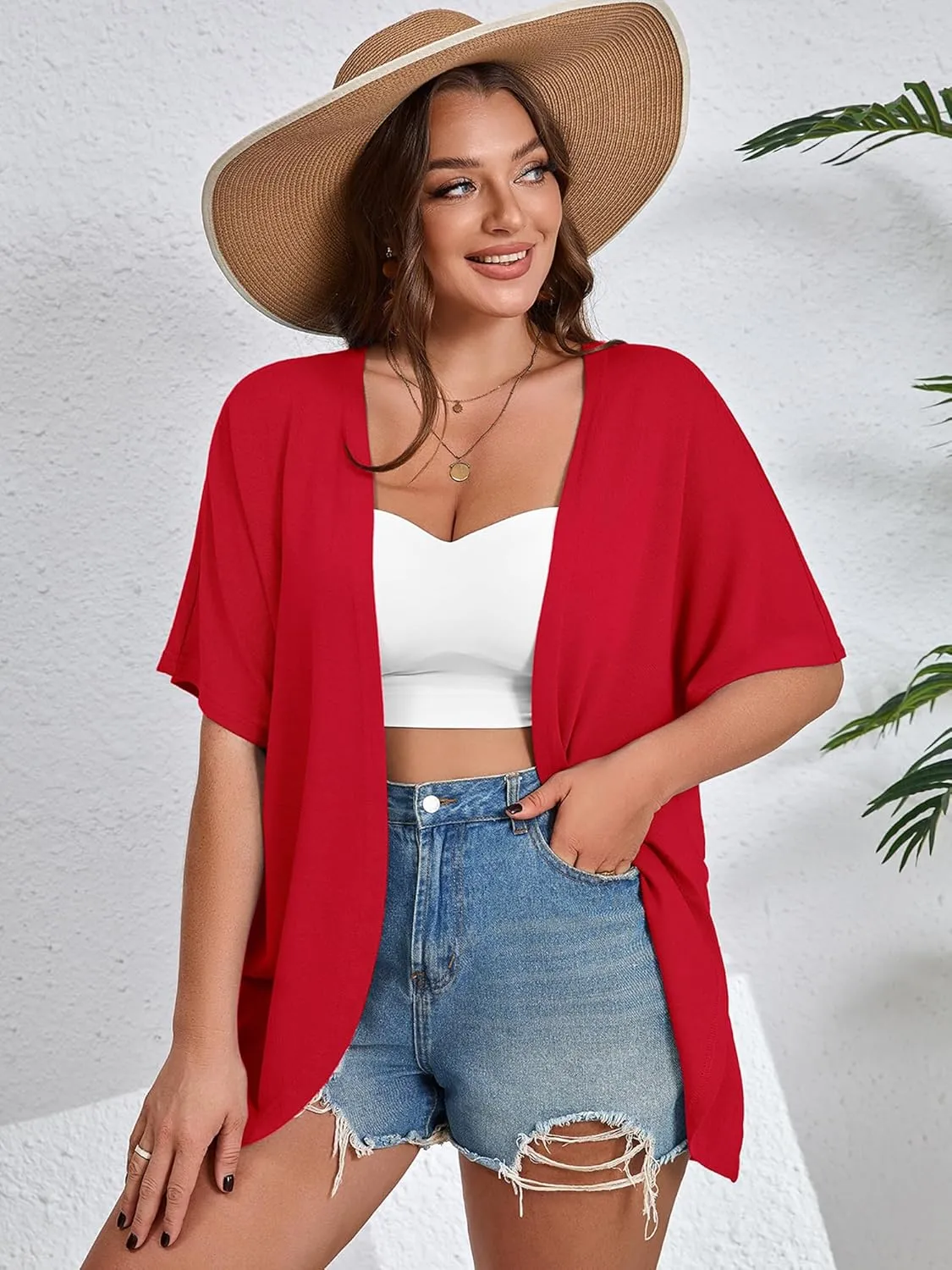 AusLook Women's Plus Size Short Sleeve Shawls and Wraps Lightweight Open Front Cardigan Cover Ups Shrugs Kimono Jacket Coat