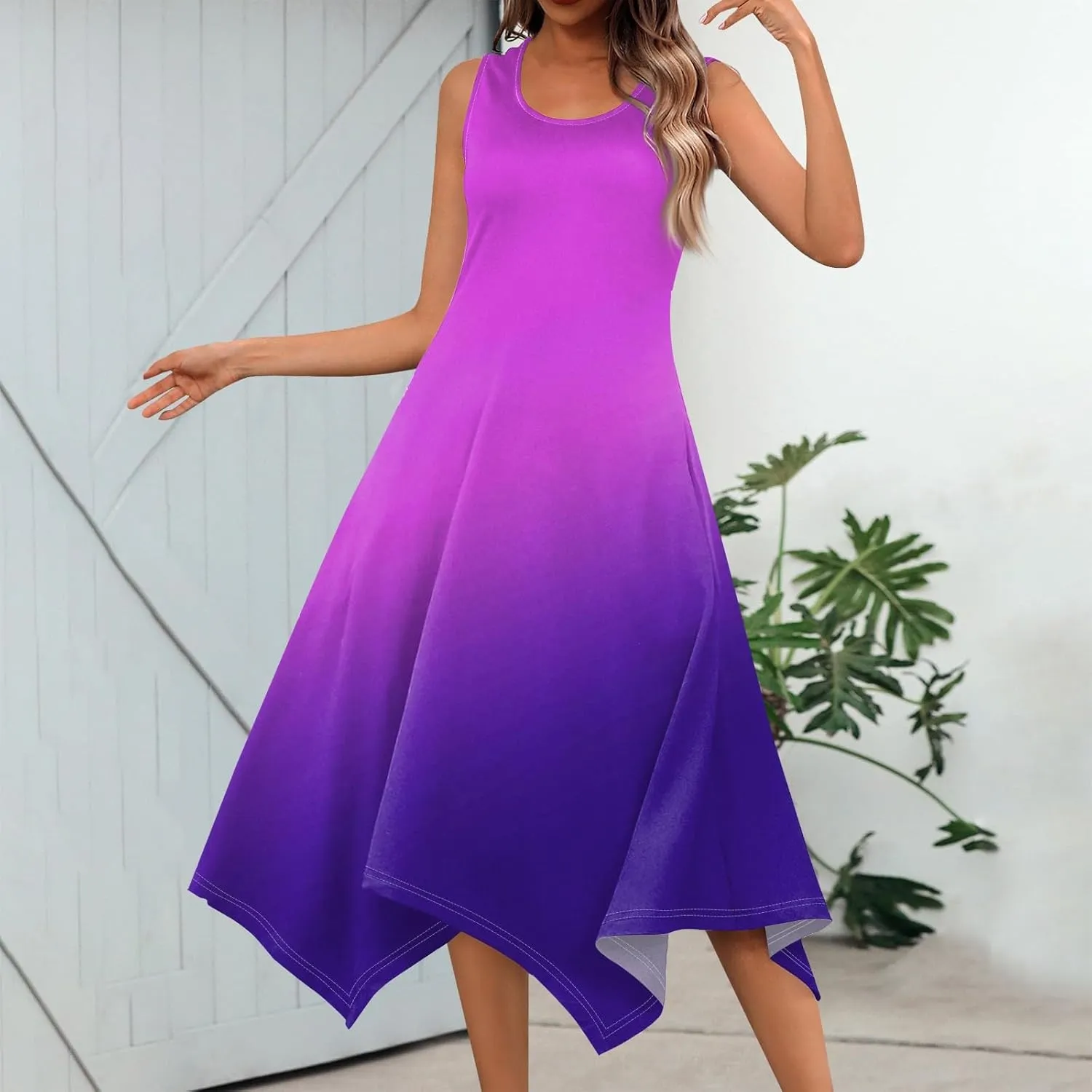 Azeralia Women's Summer Dresses Sleeveless Round Neck Solid Color Tank Dresses Beach Casual Long Vacation Sundress
