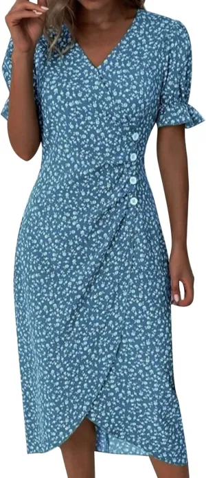 Beach Dresses for Women,2025 Summer Trendy Elegant Wrap V Neck Floral Boho Dress,Flowy Ruched Hawaiian Maxi Dress