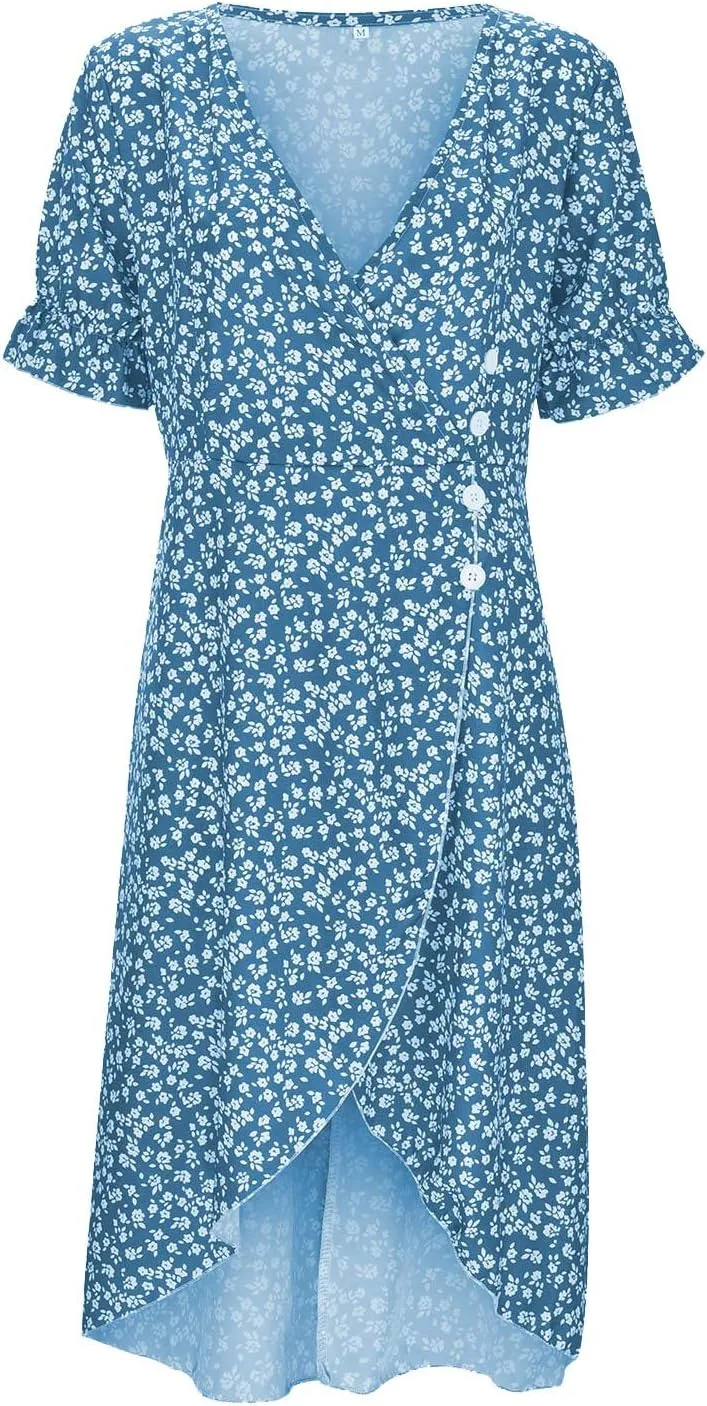 Beach Dresses for Women,2025 Summer Trendy Elegant Wrap V Neck Floral Boho Dress,Flowy Ruched Hawaiian Maxi Dress