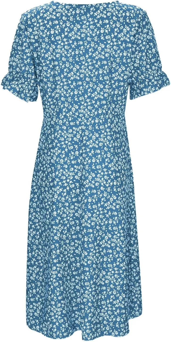 Beach Dresses for Women,2025 Summer Trendy Elegant Wrap V Neck Floral Boho Dress,Flowy Ruched Hawaiian Maxi Dress